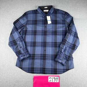 Calvin Klein Shirt XL Blue Black Plaid Slim Button Up Long Sleeve Mens New NWT